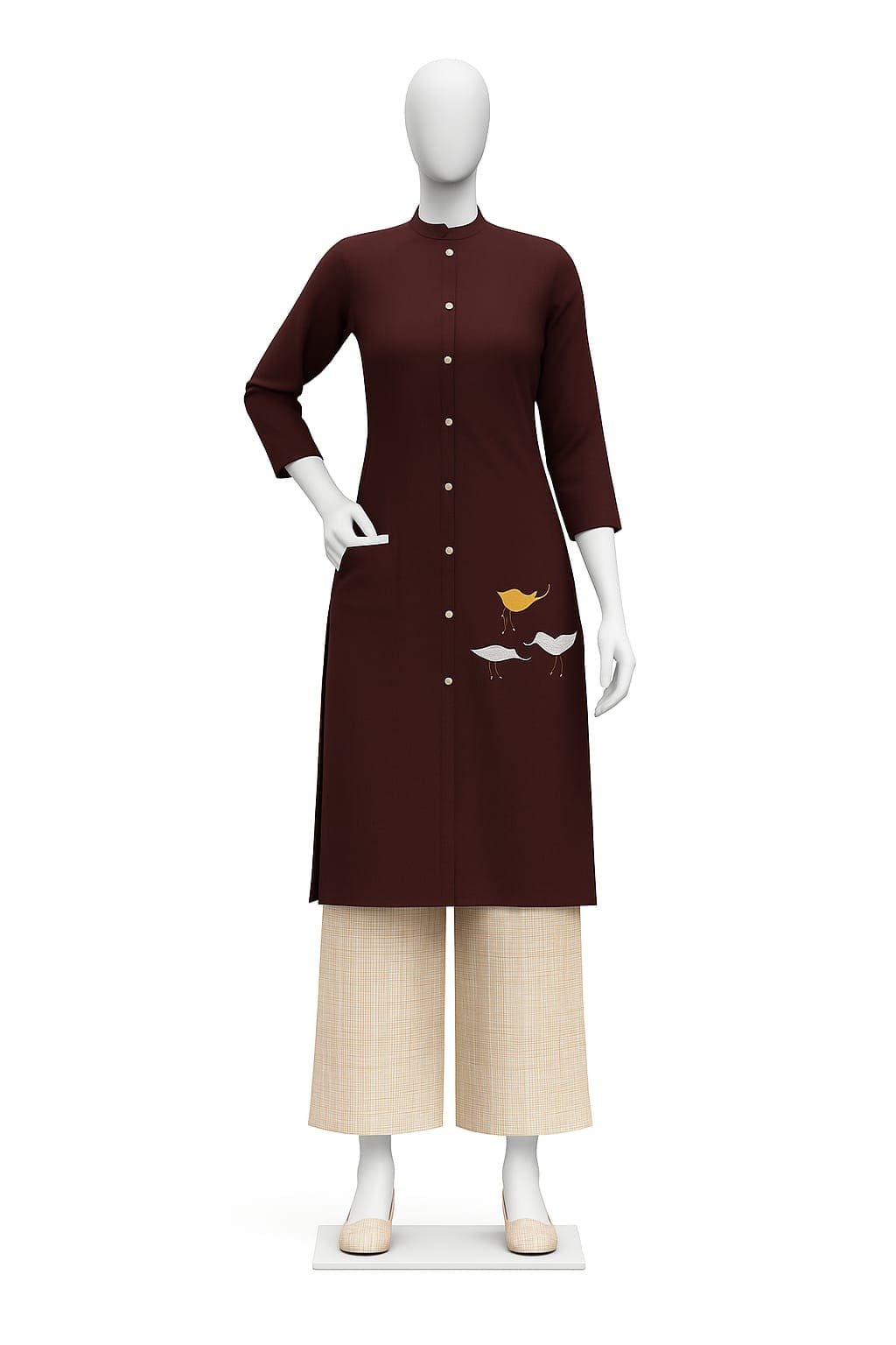 Mehlish Fashion Brand Maroon Kurti with Embroidered Birds and Beige Pants